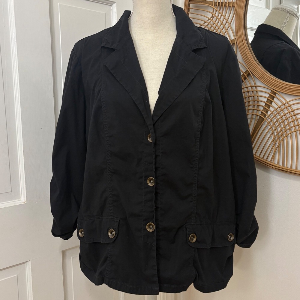 XCVI Poplin Jacket 1X Shacket Cotton Stretch Ruched Sleeve Utility Button Up‎